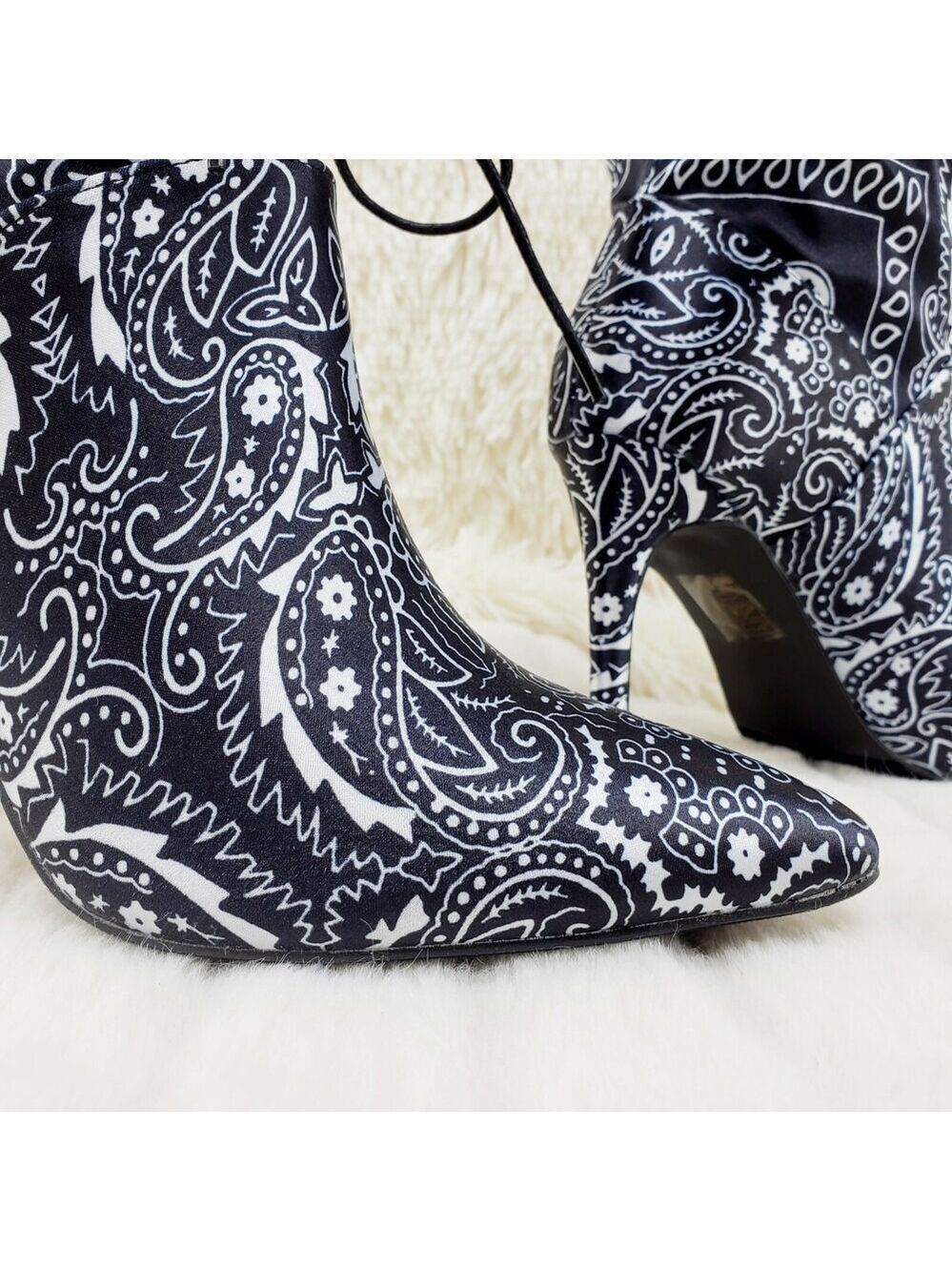 NIB Bandanna Madness Drawstring 4" Stiletto High Heel Mid Calf Boots Black - Picture 5 of 11